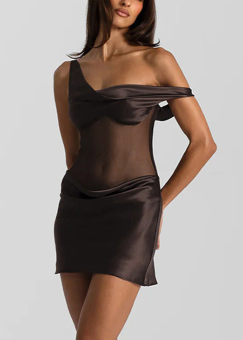 Mireille Brown One Shoulder Satin Mini Dress