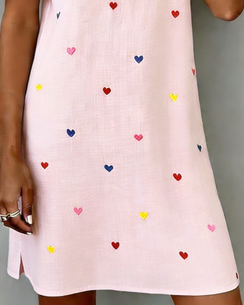 Colorful Heart Print Dress with V-Neck