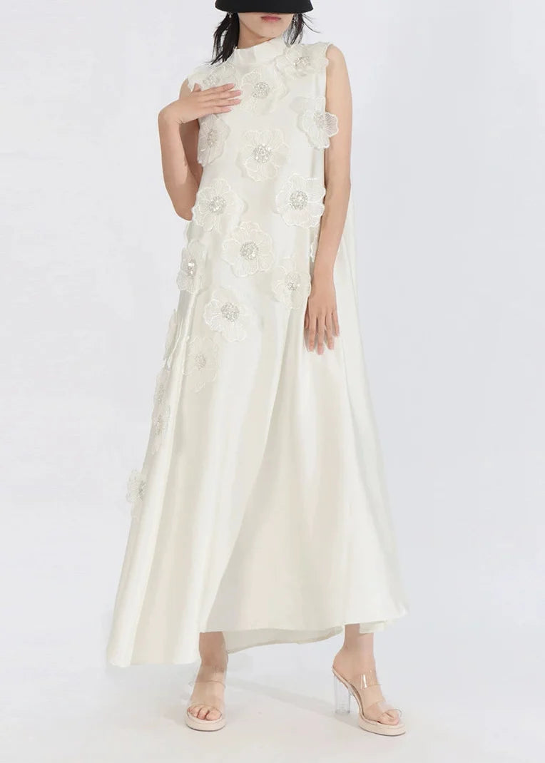 Theoline Sleeveless Floral-Applique Midi Dress In Apricot