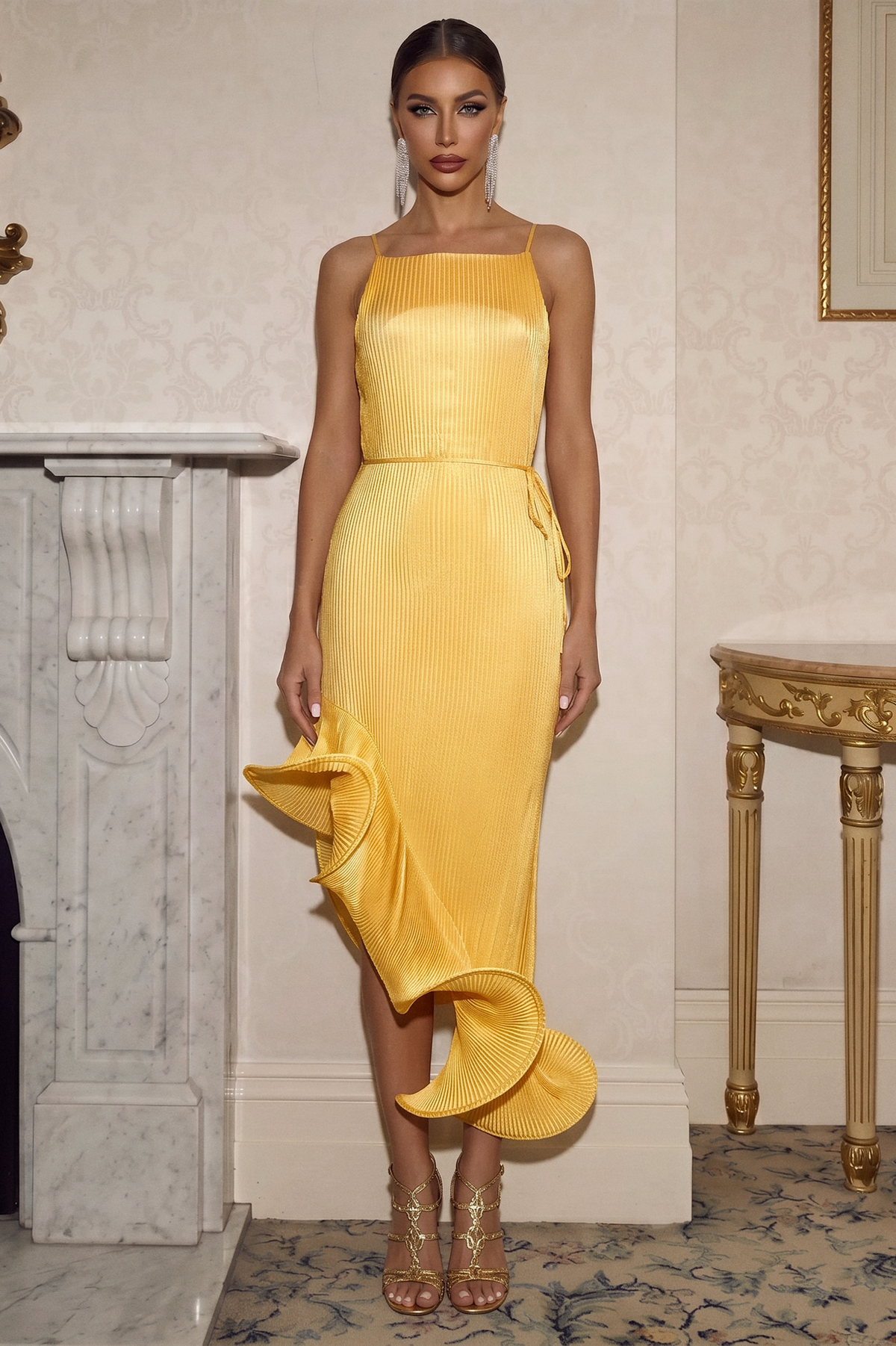 Spaghetti Strap 3D Ruffle Hem Midi Dress