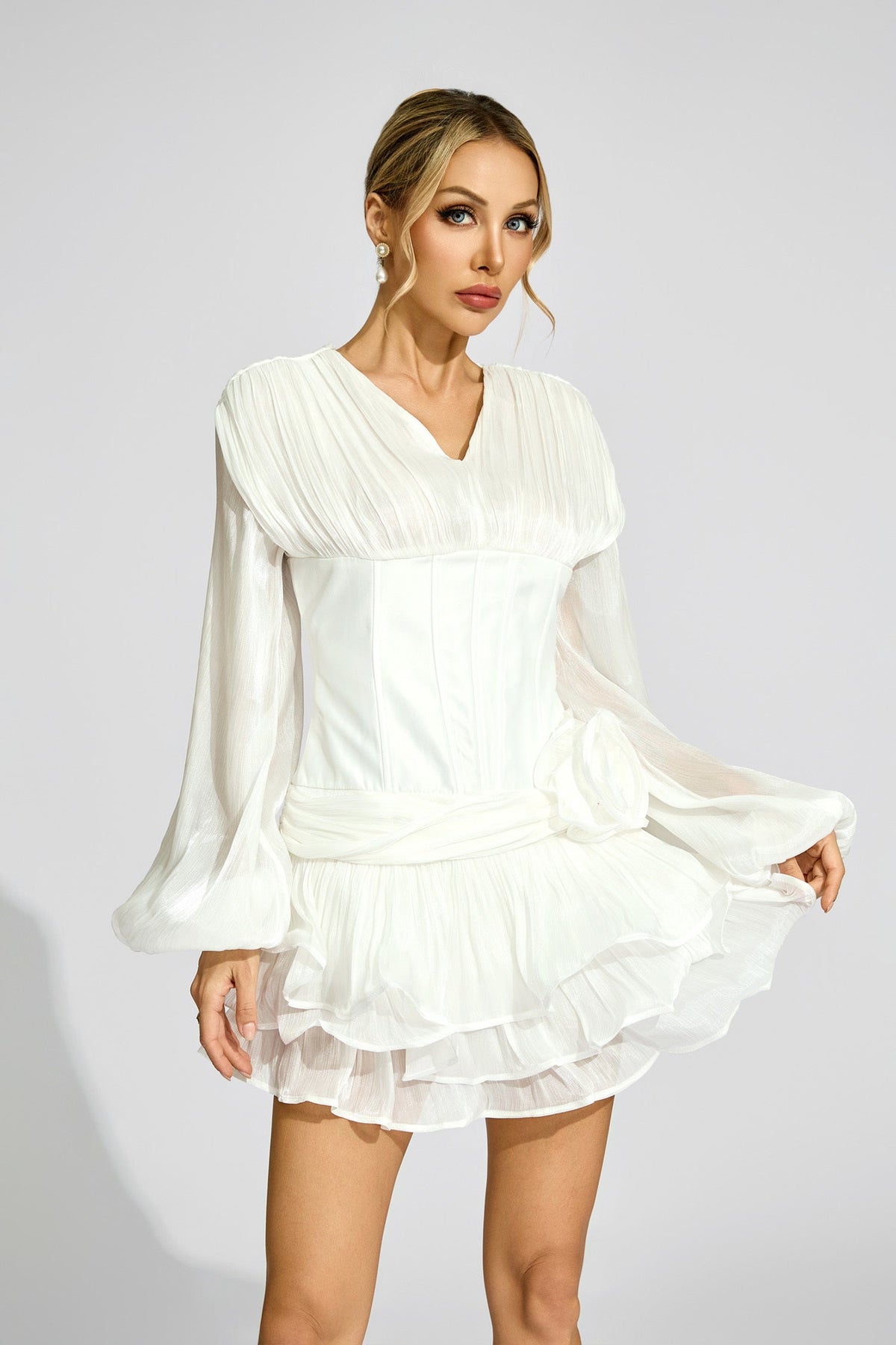 Aislyn 3D Flower Ruffle Trim Mini Dress In White