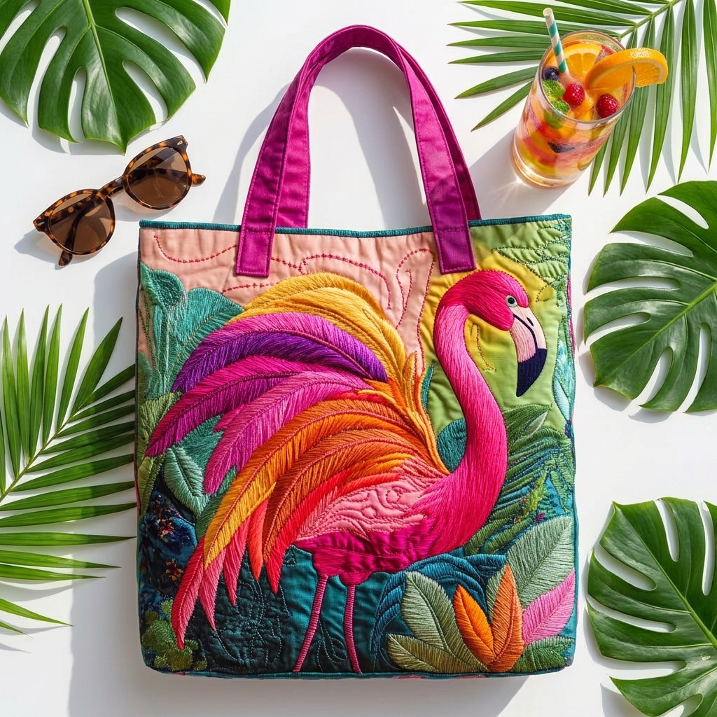 Quilted Tote Bag - Rainbow Flamingo