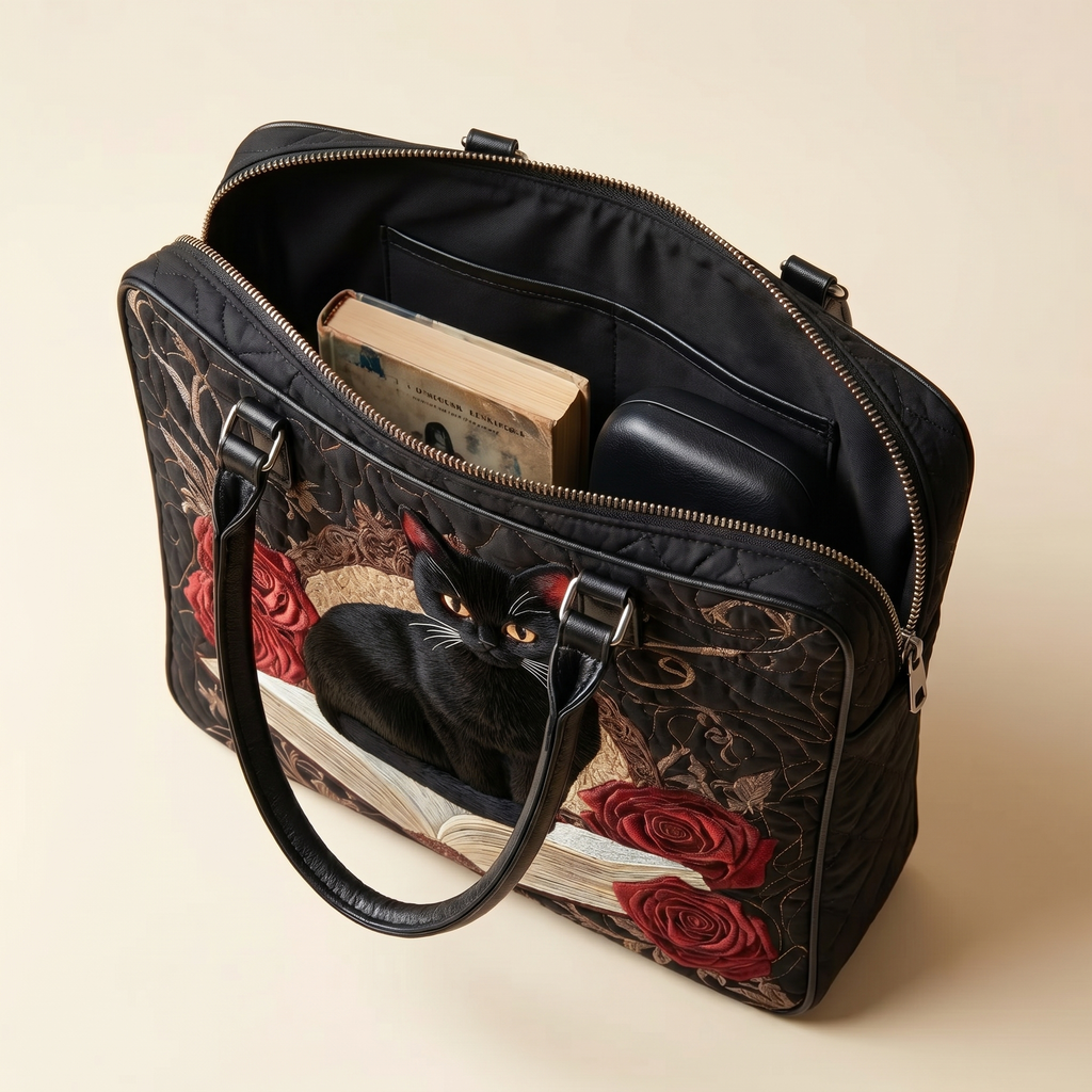 Quilted Artisan Bag - Black Cat on Books