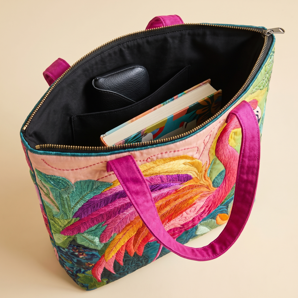 Quilted Tote Bag - Rainbow Flamingo
