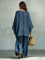 Casual Denim Batwing Asymmetrical Top & Wide Leg Pants Set