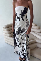 Modern Abstract Floral Strapless Maxi Dress – Monochrome Print In Ivory & Charcoal
