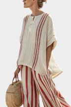 Mirella – red striped structured top and linen trousers