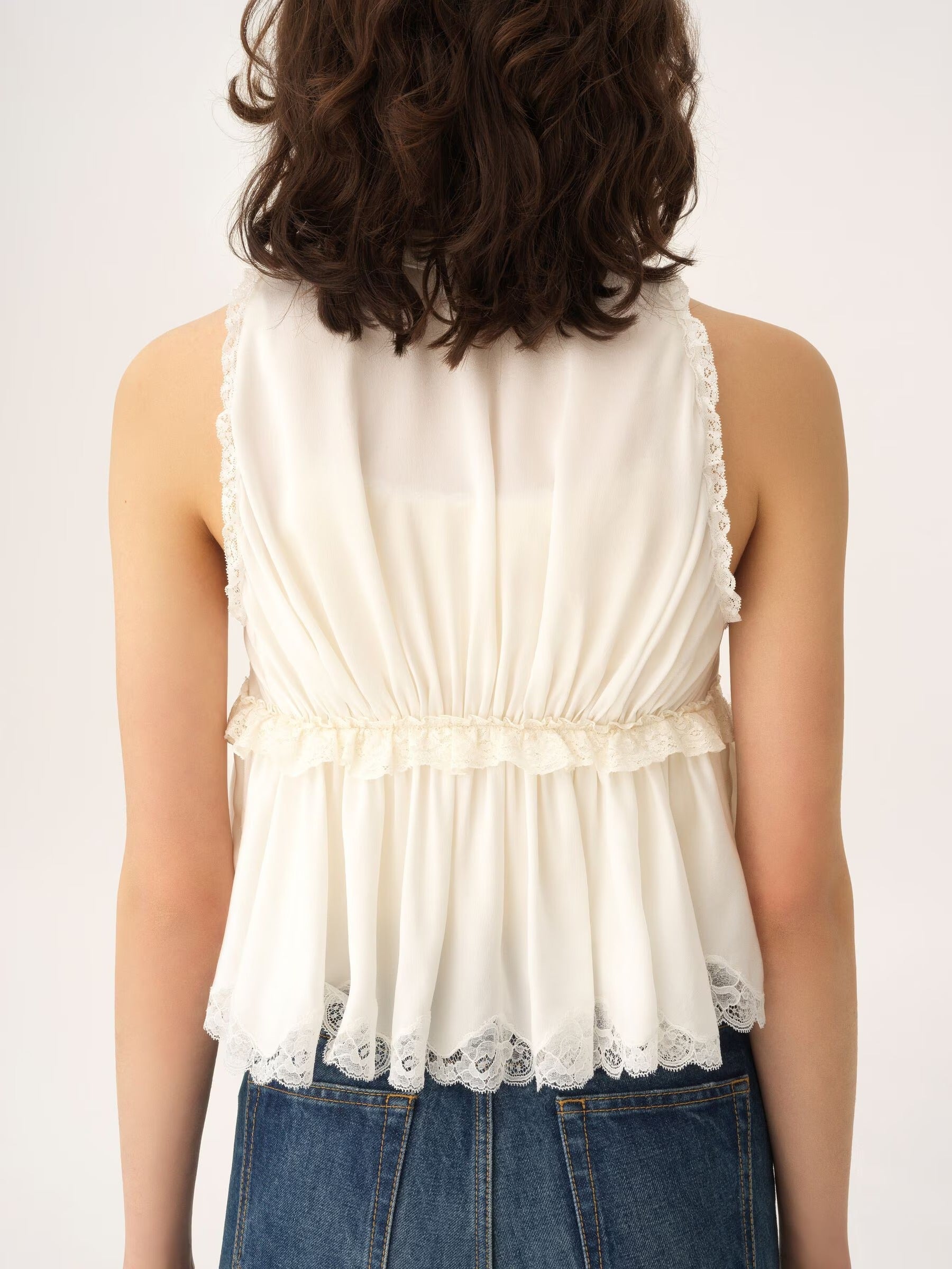 Serano White Self-Tie Lace Panel Satin Top