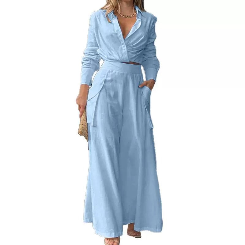 Autumn V-Neck Lounge Wide-Leg Pants Outfit