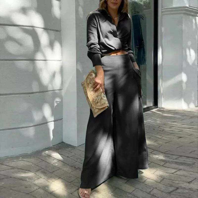 Autumn V-Neck Lounge Wide-Leg Pants Outfit