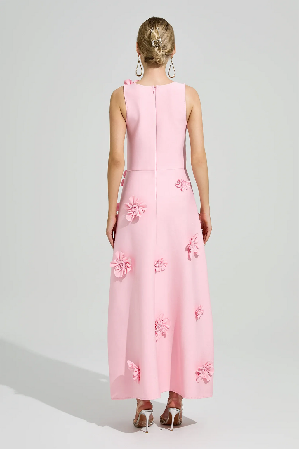 Givora Pink 3D Floral A-Line Maxi Dress