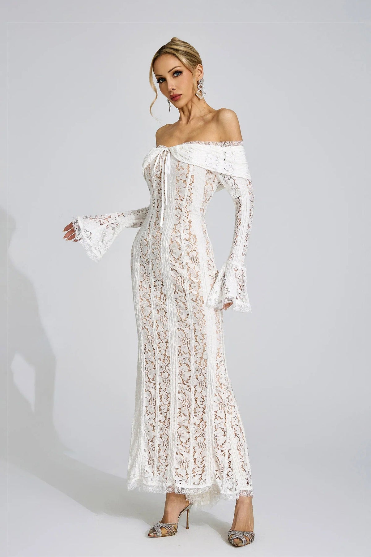 Pernilla Floral Lace Flared-Cuff Maxi Dress In Neutrals