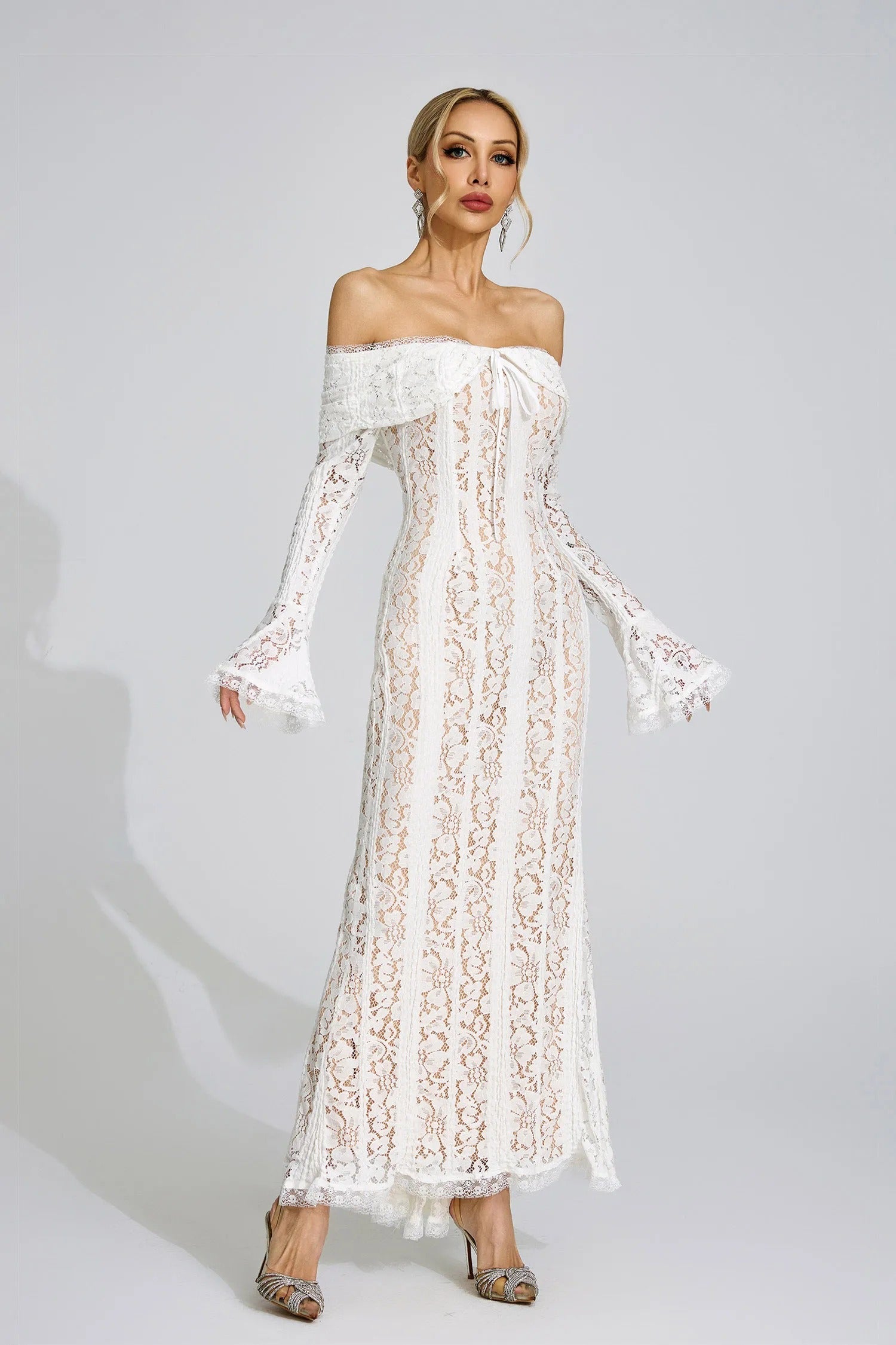 Pernilla Floral Lace Flared-Cuff Maxi Dress In Neutrals