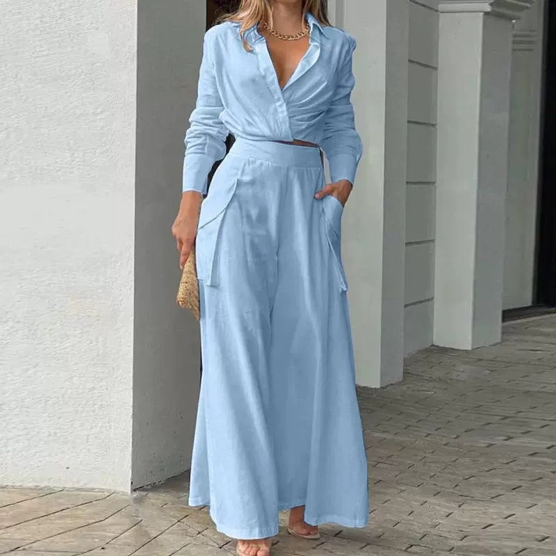 Autumn V-Neck Lounge Wide-Leg Pants Outfit