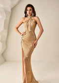 Olvara Halter Crystal Sparkly Maxi Dress In Gold