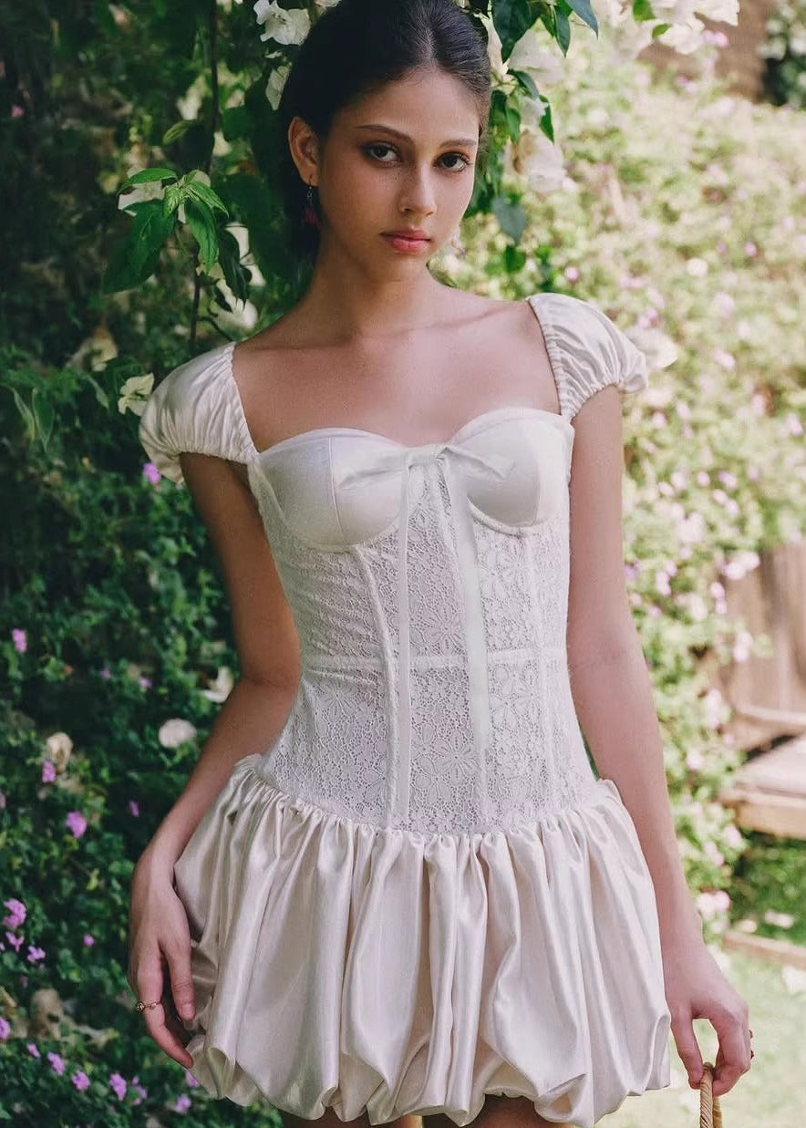 Quvion White Lace Panel Satin Mini Dress