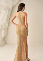 Olvara Halter Crystal Sparkly Maxi Dress In Gold