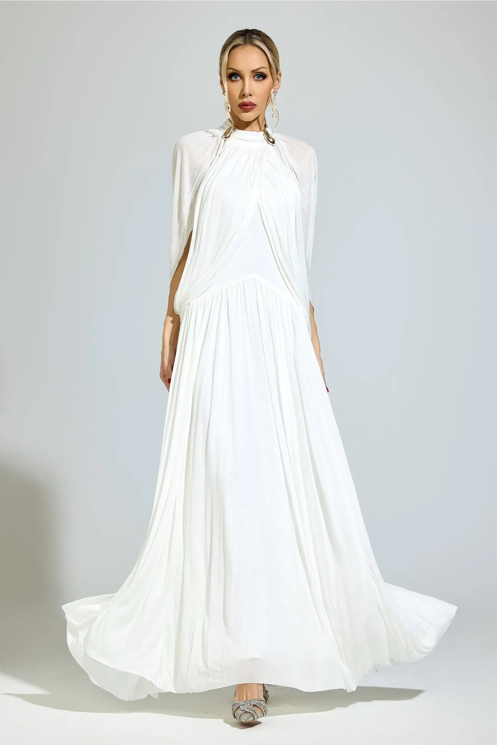 Nervion White Pleated Sweater Maxi Dress