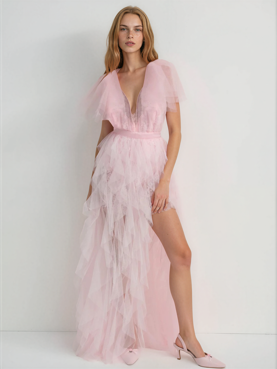 Balthion Lace insert Mesh Ruffle Maxi Dress In Pink