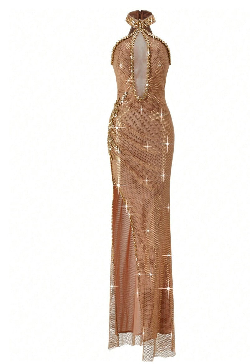 Olvara Halter Crystal Sparkly Maxi Dress In Gold