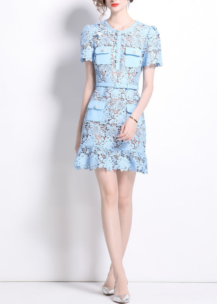 Kryzelle Blue Floral-Appliqué Ruffled Lace Mini Dress