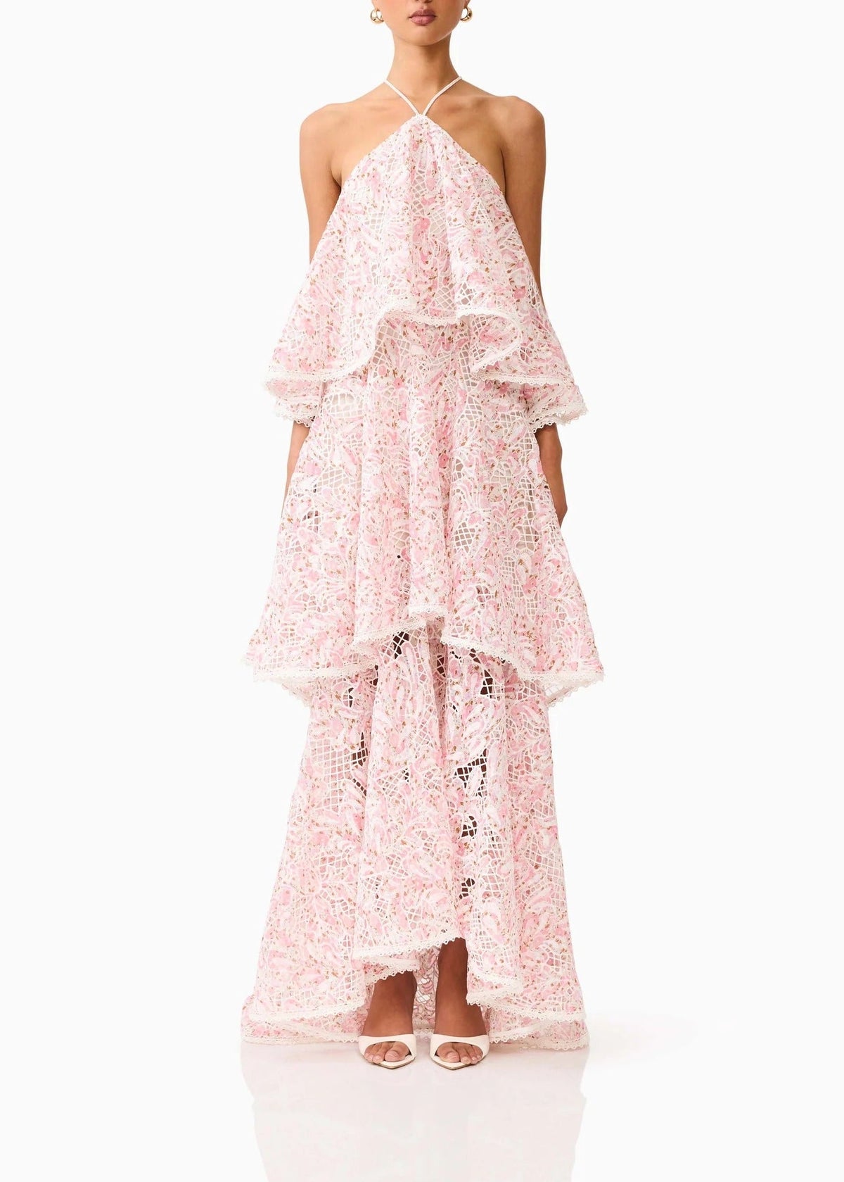 Dervian Pink Halterneck Lace Maxi Dress