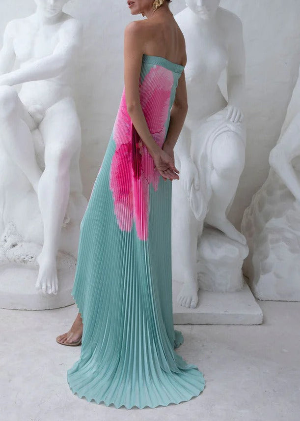Haelvric Strapless Floral Pleated Maxi Dress