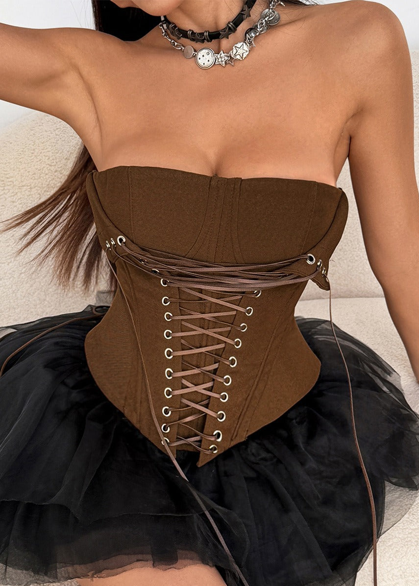 Analeia Brown Lace Up Corset Crop Top