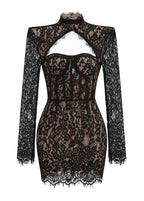 Lurevin Black Turtleneck Lace Mini Dress