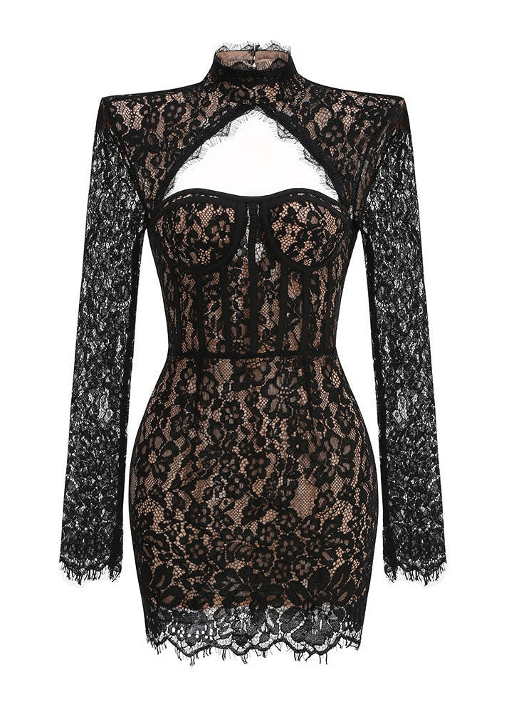 Lurevin Black Turtleneck Lace Mini Dress