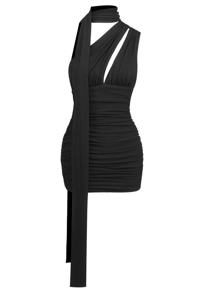 Jarelis Halter-Neck Ruched Mini Dress with Tie Detail