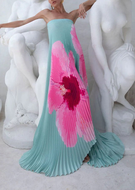 Haelvric Strapless Floral Pleated Maxi Dress