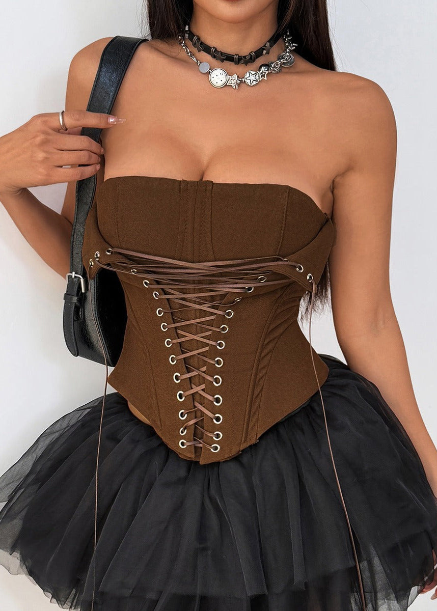 Analeia Brown Lace Up Corset Crop Top