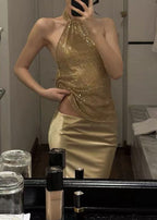 Zymera Halterneck Rhinestone Mesh Skirt Set