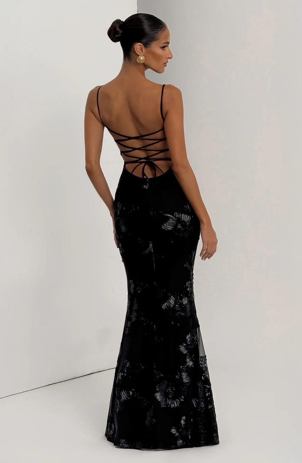 Dichen Black Floral Appliqué Corset Maxi Dress