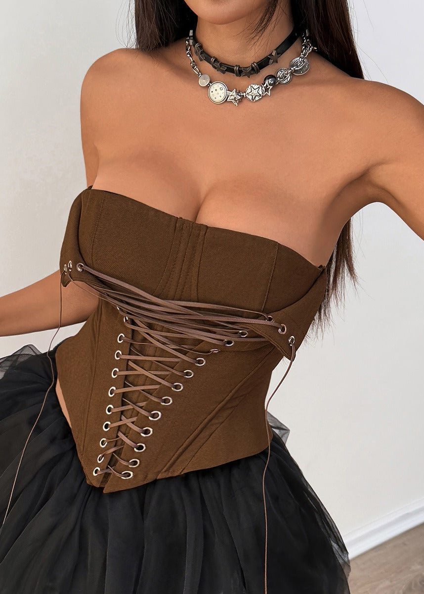 Analeia Brown Lace Up Corset Crop Top