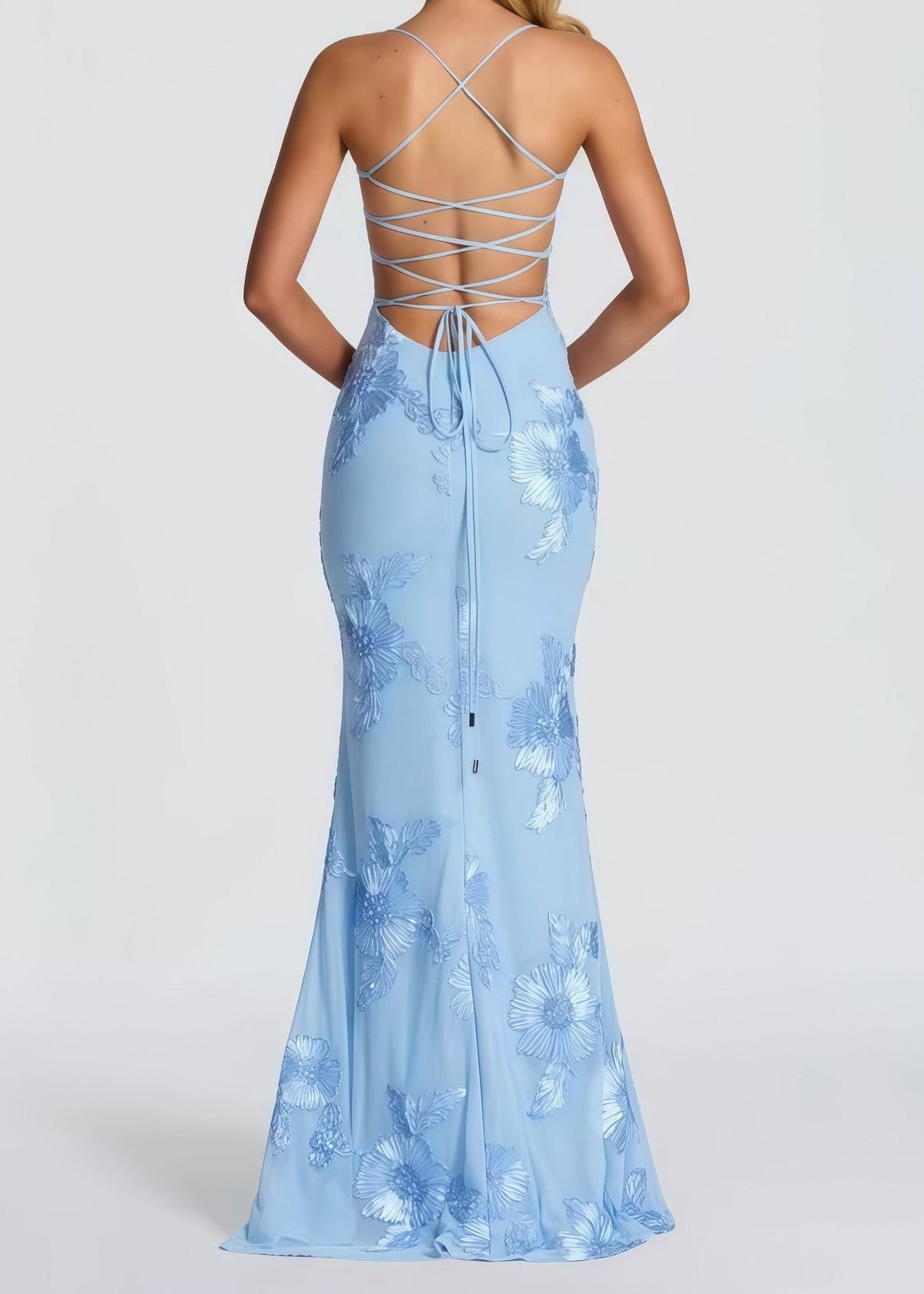 Dichen Blue Floral Appliqué Corset Maxi Dress