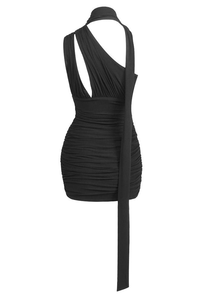 Jarelis Halter-Neck Ruched Mini Dress with Tie Detail