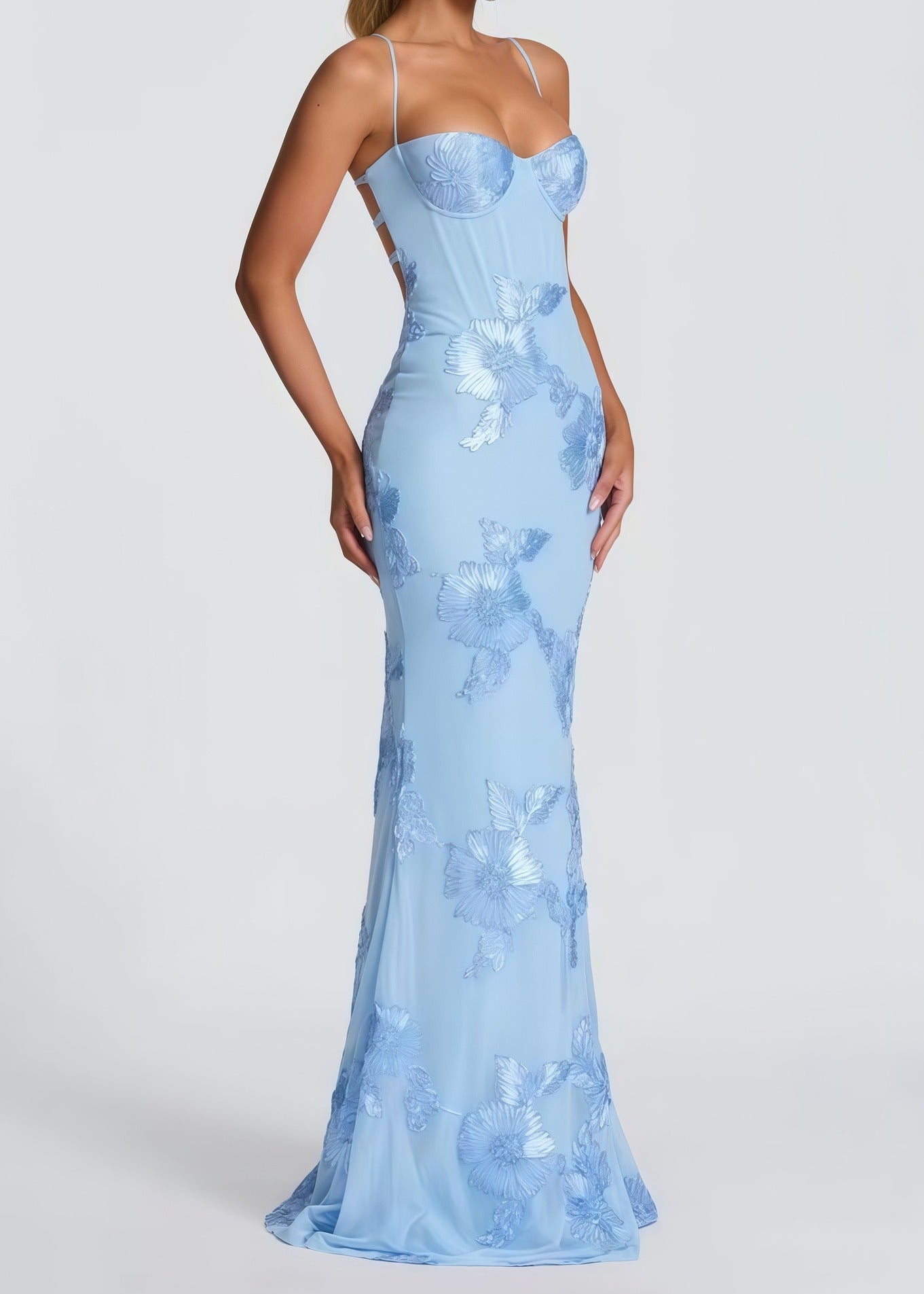 Dichen Blue Floral Appliqué Corset Maxi Dress