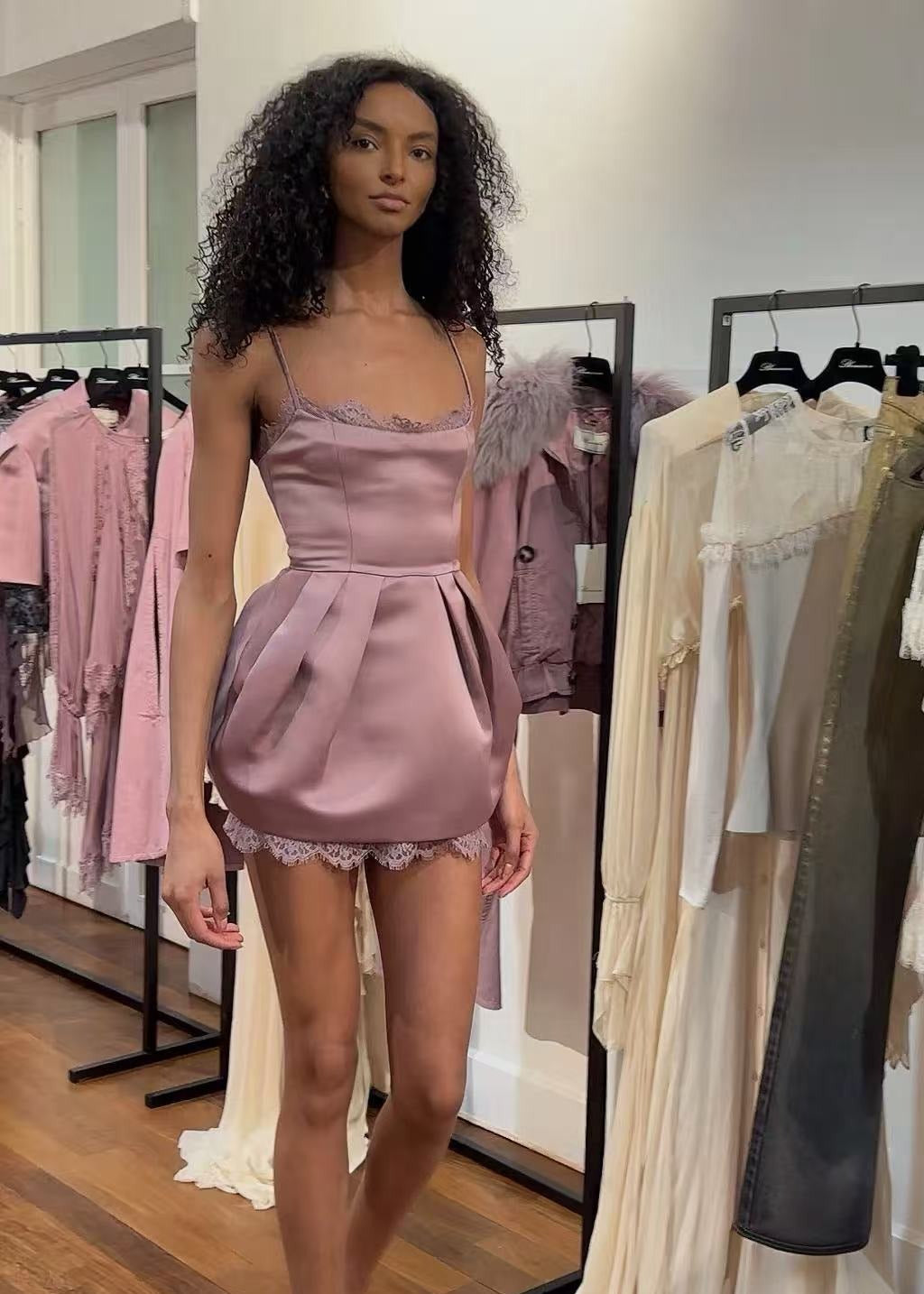 Roslen Pink Lace Trim Mini Dress