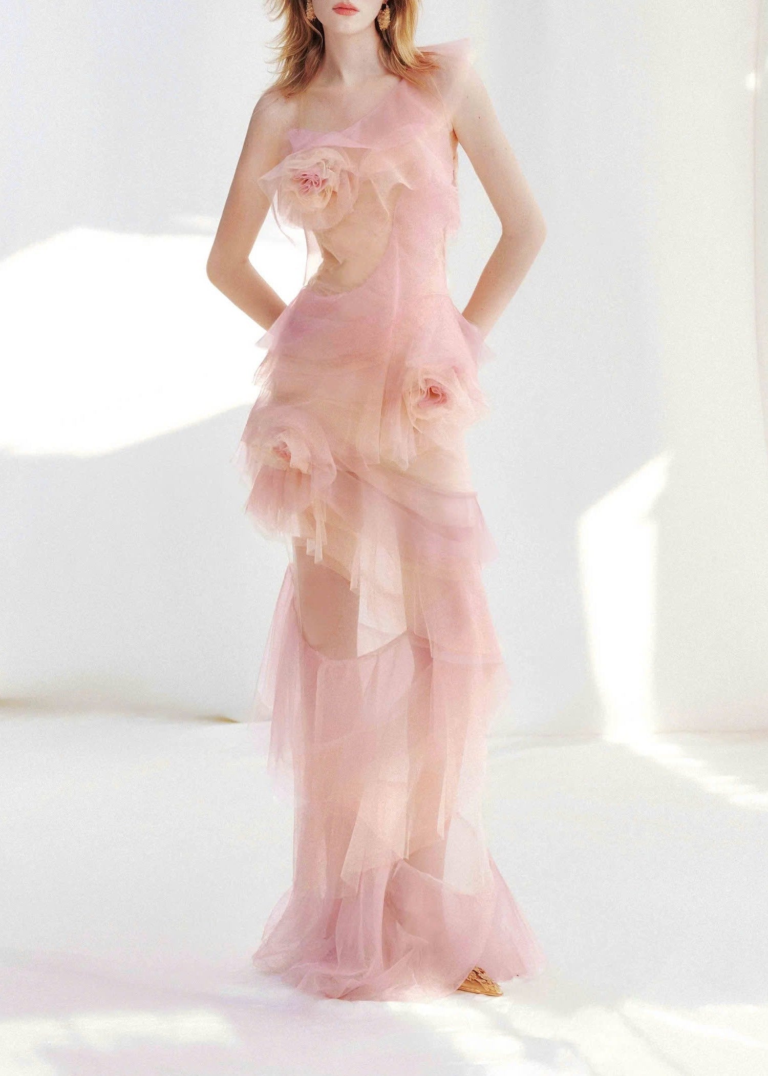 Frymet Floral-Embellished Ombré Pink Ruffled Maxi Dress