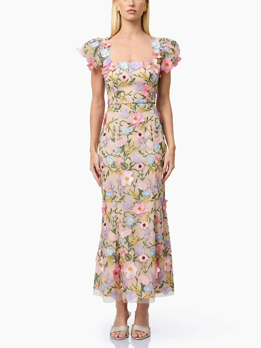 Dotty Embroidered Flower Midi Dress