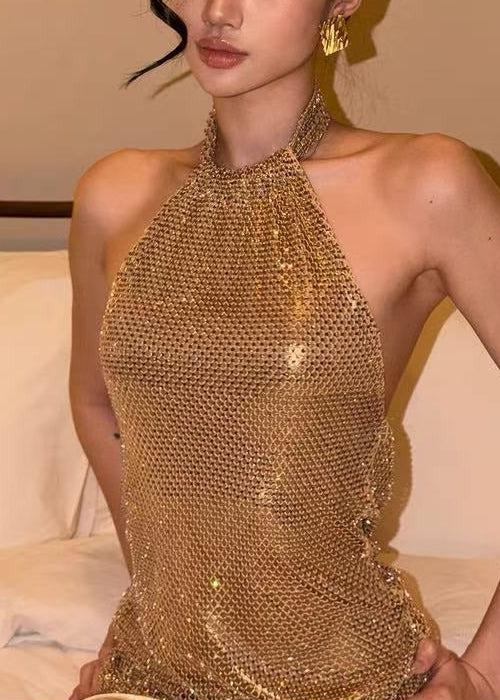 Zymera Halterneck Rhinestone Mesh Skirt Set