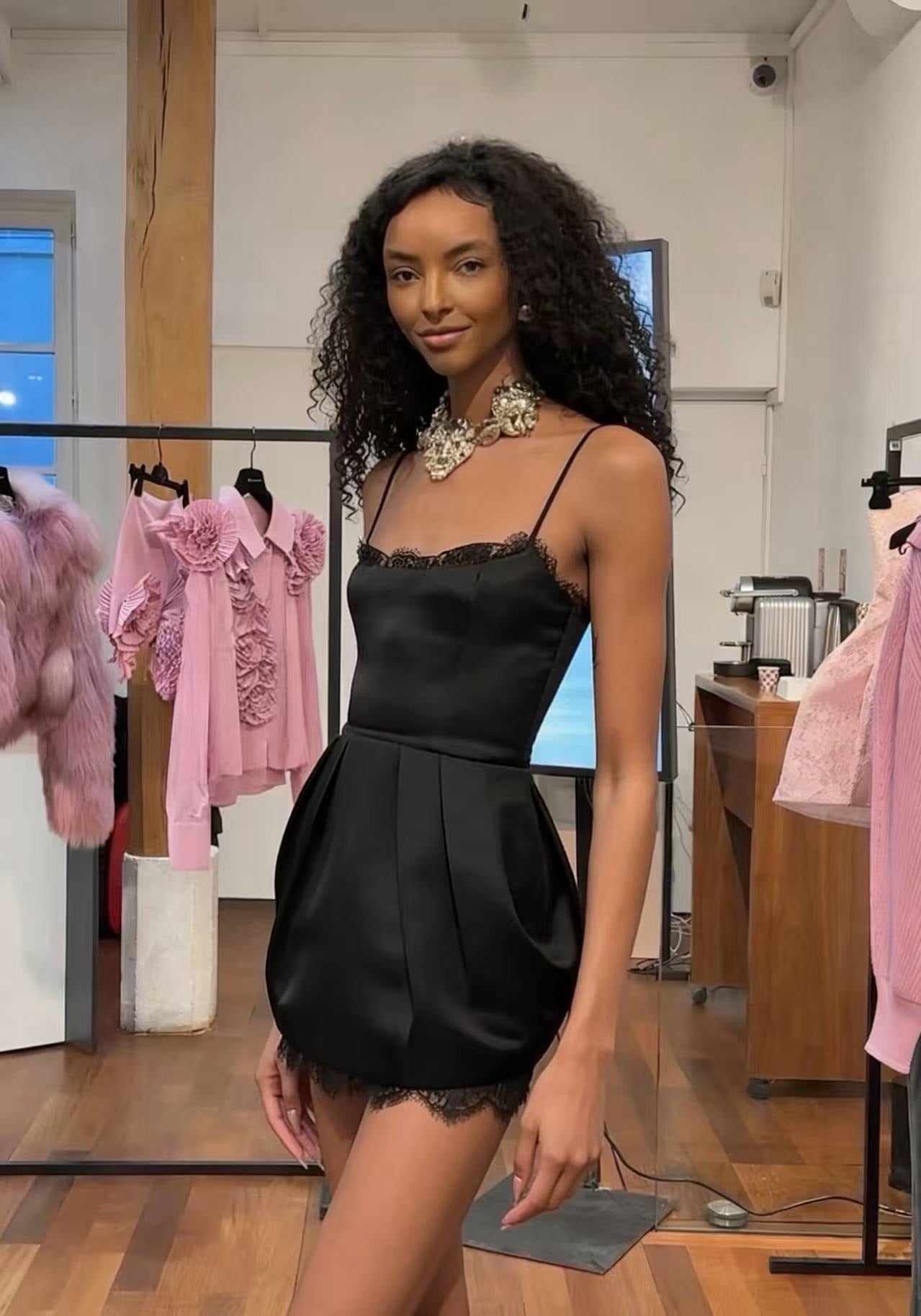 Roslen Black Lace Trim Mini Dress