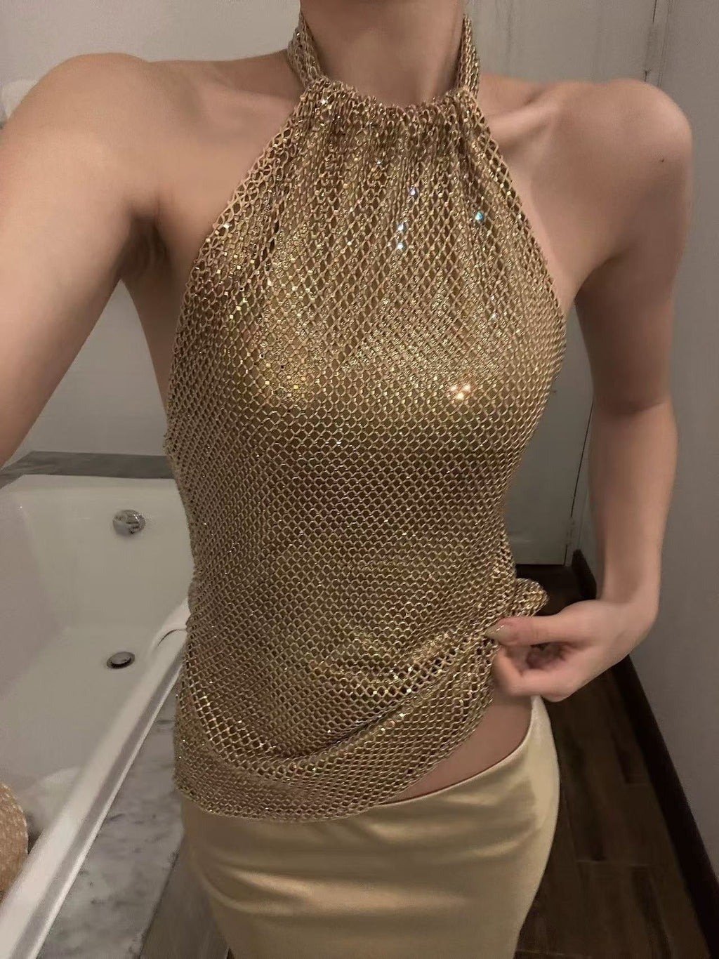 Zymera Halterneck Rhinestone Mesh Skirt Set