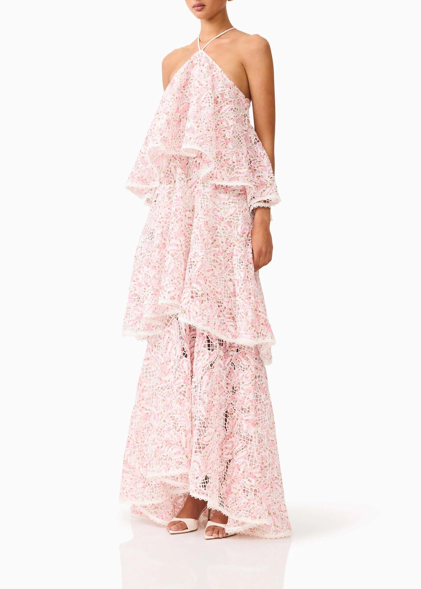 Dervian Pink Halterneck Lace Maxi Dress