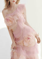 Frymet Floral-Embellished Ombré Pink Ruffled Maxi Dress
