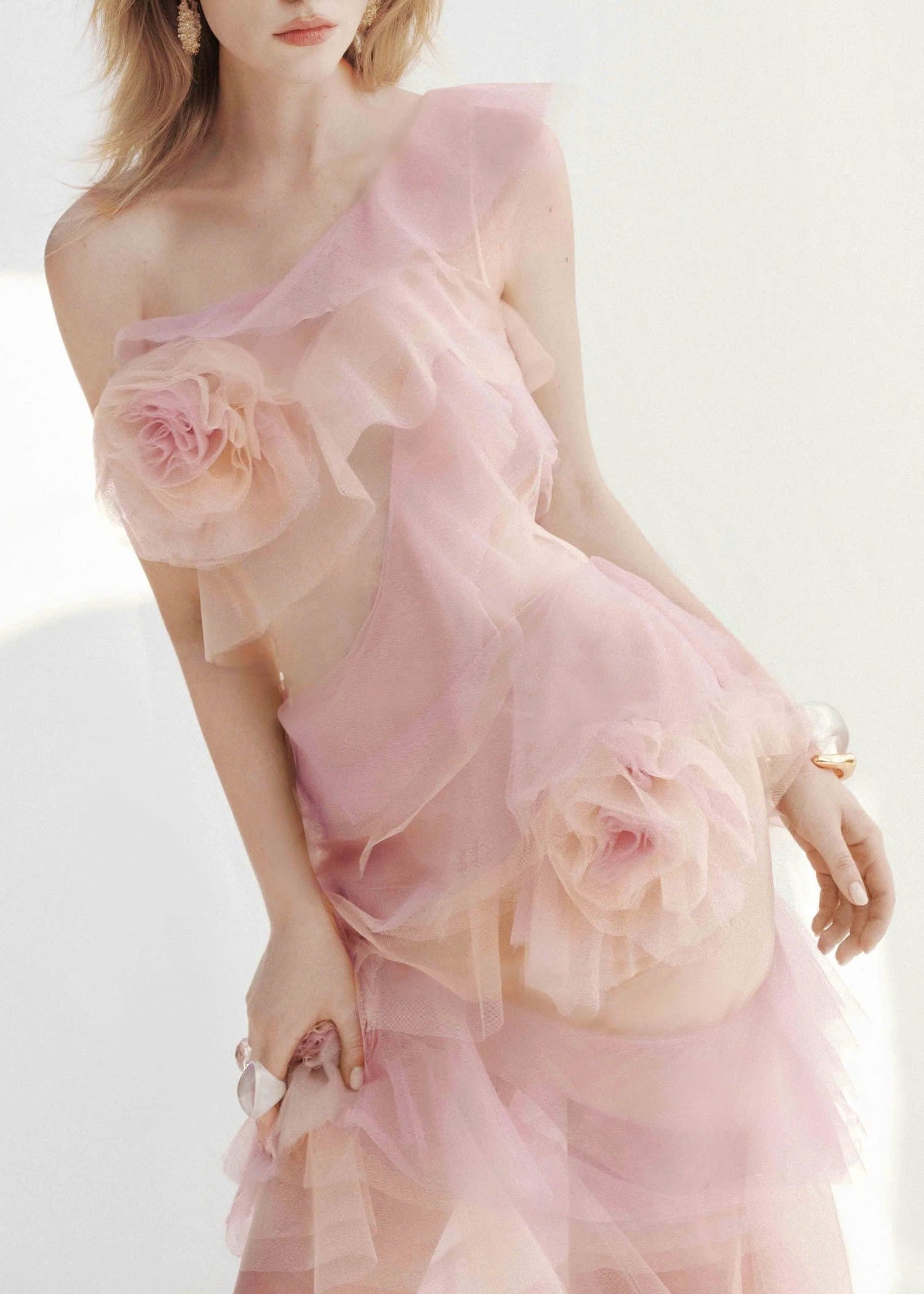 Frymet Floral-Embellished Ombré Pink Ruffled Maxi Dress