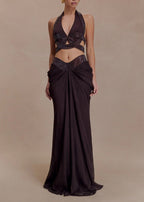 Praxel Halterneck Rhinestone Cutout Skirt Set