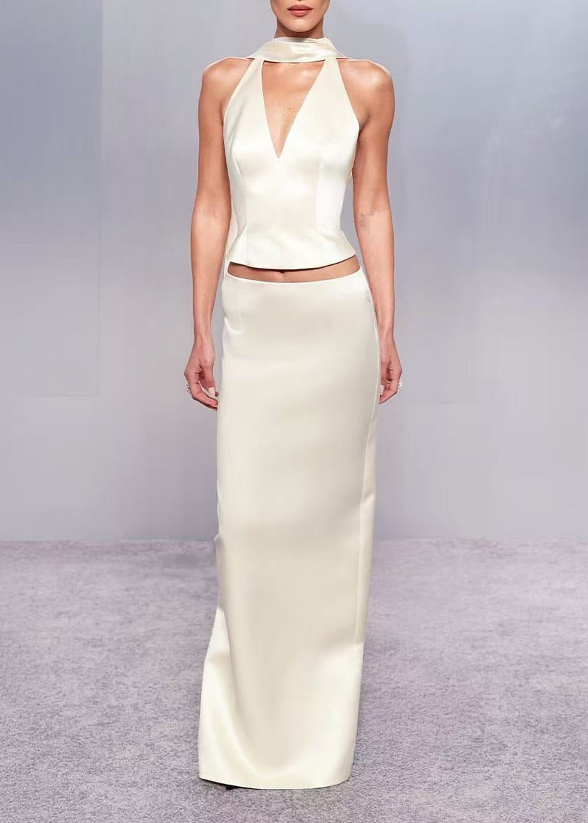 Uveria Ivory Plunge Neck Satin Top & Skirt Set